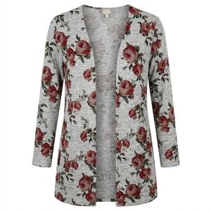 Skonhet Womens Gray Red Floral Rose Open Front Cardigan Sweater Large